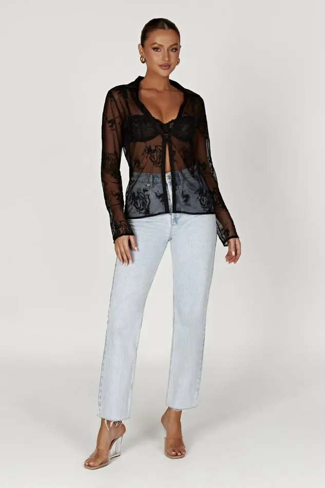 Meshki Bachelorette Women Vivica Embroidered Mesh Shirt 8211 Black Black