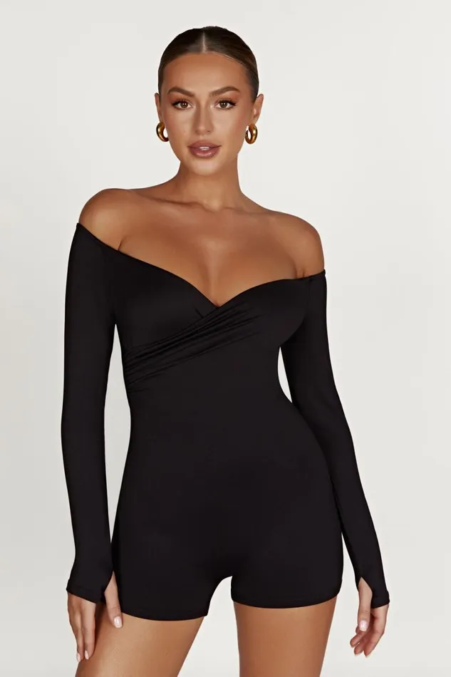 Meshki Basic Bottoms Women Aisling Recycled Nylon Off Shoulder Playsuit 8211 Black Black Meshki Basic Bottoms Women Aisling Recycled Nylon Off Shoulder Playsuit 8211 Black Black