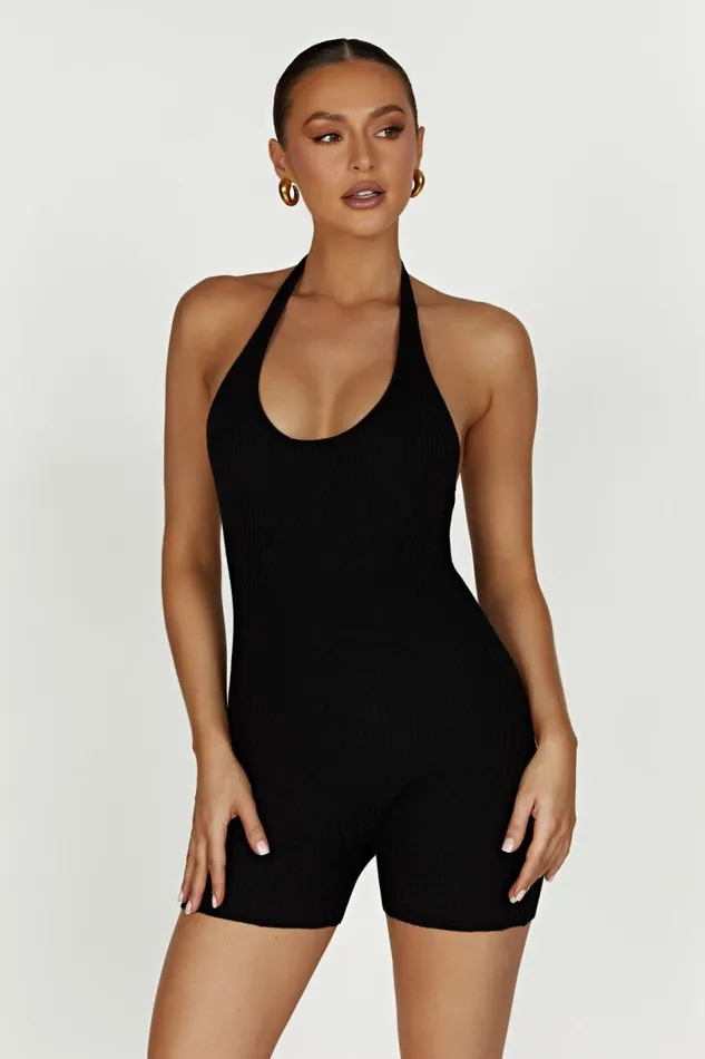 Meshki Basic Bottoms Women Aitana Halter Neck Knit Playsuit 8211 Black Black Meshki Basic Bottoms Women Aitana Halter Neck Knit Playsuit 8211 Black Black