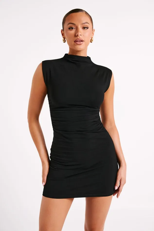 Meshki Basic Dresses Women Melania High Neck Mini Dress 8211 Black Black