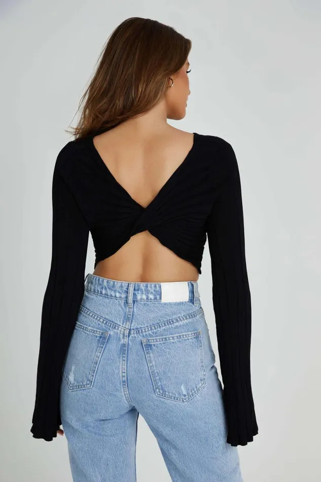 Meshki Basic Tops Women Celine Twist Back Extreme Rib Top 8211 Black Black