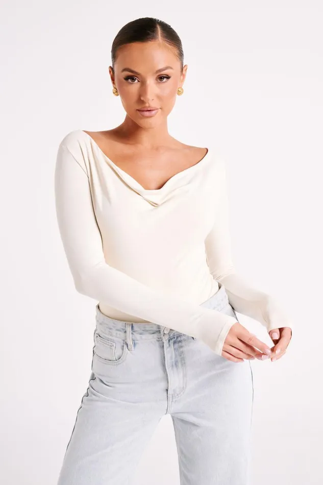 Meshki Basic Tops Women Eviana Recycled Nylon Draped Bodysuit 8211 Sand Sand