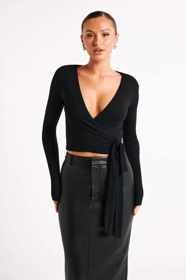 Meshki Basic Tops Women Flora Long Sleeve Wrap Top 8211 Black Black