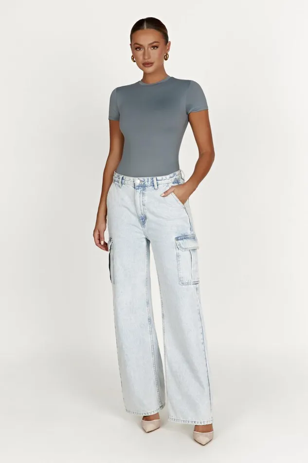 Meshki Basic Tops Women Francesca Recycled Nylon Crew Neck Short Sleeve Bodysuit 8211 Light Charcoal Lightcharcoal