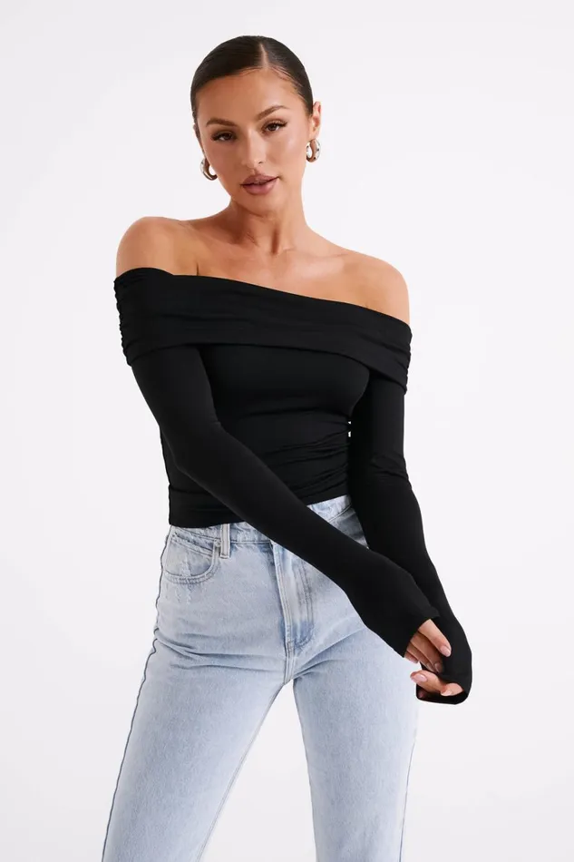 Meshki Basic Tops Women Lucinda Recycled Nylon Off Shoulder Top 8211 Black Black Meshki Basic Tops Women Lucinda Recycled Nylon Off Shoulder Top 8211 Black Black