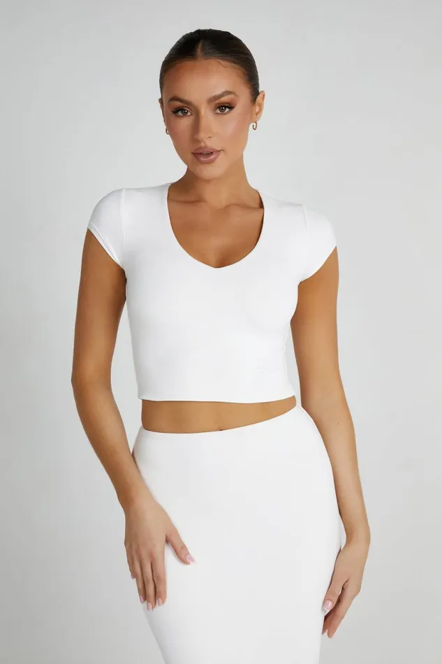 Meshki Basic Tops Women Olympia Recycled Nylon V Neck Top 8211 White White Meshki Basic Tops Women Olympia Recycled Nylon V Neck Top 8211 White White