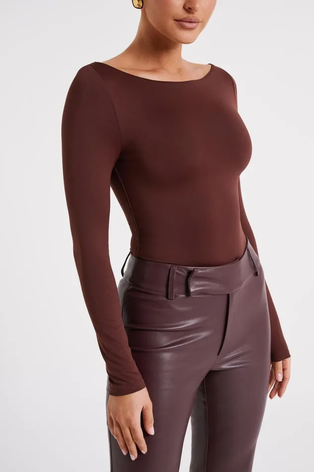 Meshki Bodysuits Women Cate Boatneck Long Sleeve Bodysuit 8211 Chocolate Chocolate