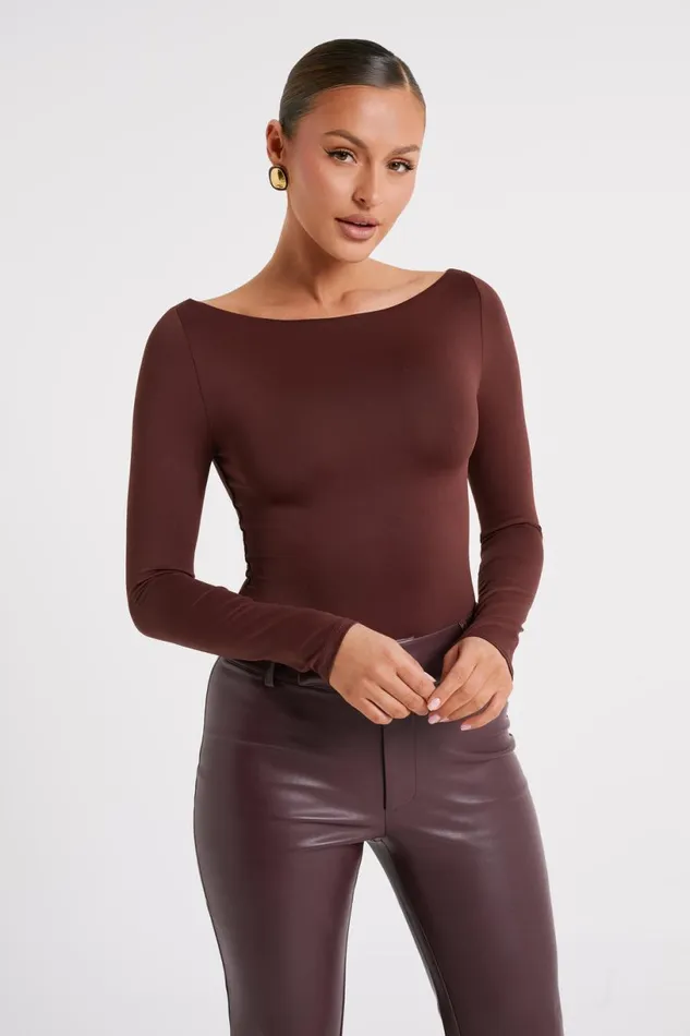 Meshki Bodysuits Women Cate Boatneck Long Sleeve Bodysuit 8211 Chocolate Chocolate