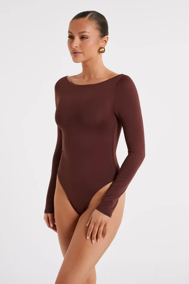 Meshki Bodysuits Women Cate Boatneck Long Sleeve Bodysuit 8211 Chocolate Chocolate