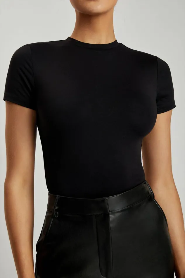 Meshki Bodysuits Women Francesca Crew Neck Short Sleeve Bodysuit 8211 Black Black