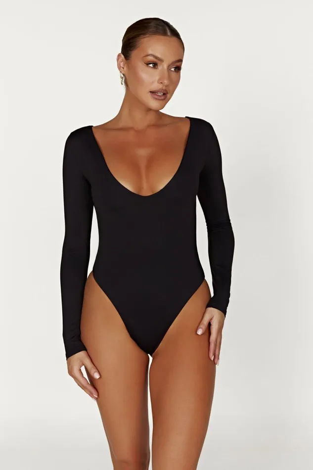 Meshki Bodysuits Women Nia Long Sleeve V Neck Bodysuit 8211 Black Black