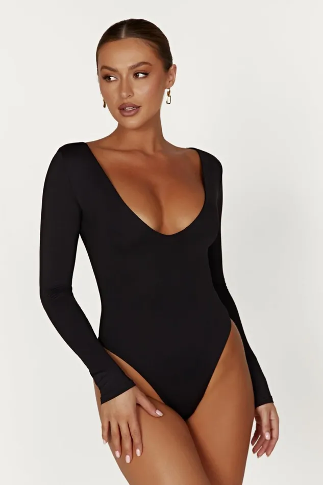 Meshki Bodysuits Women Nia Long Sleeve V Neck Bodysuit 8211 Black Black