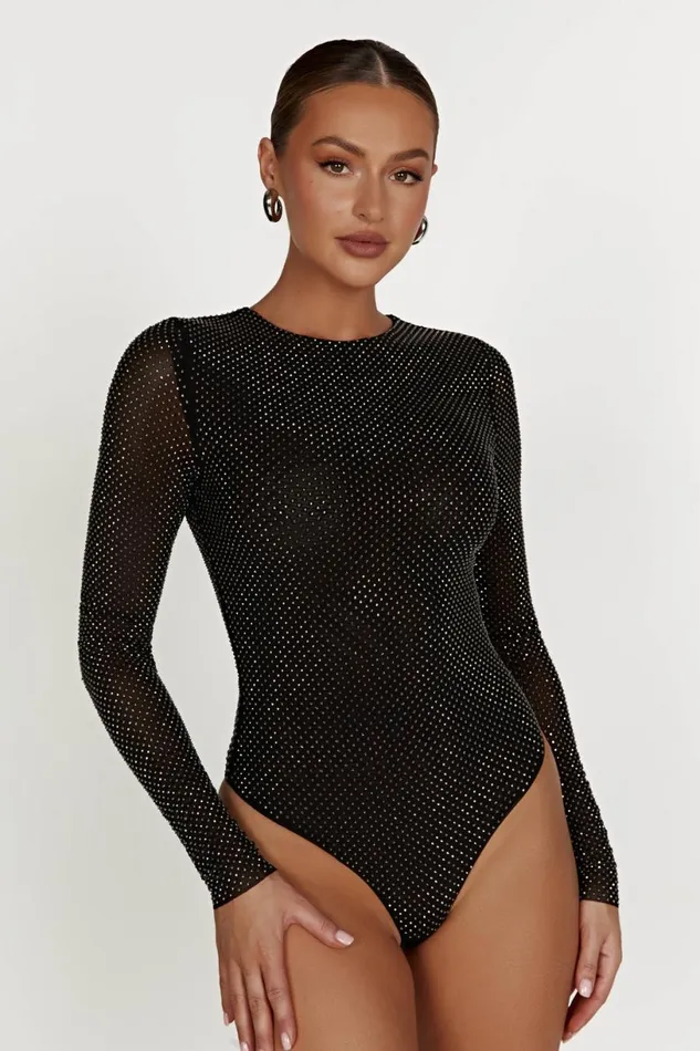 Meshki Bodysuits Women Selma Long Sleeve Diamante Bodysuit 8211 Black Black