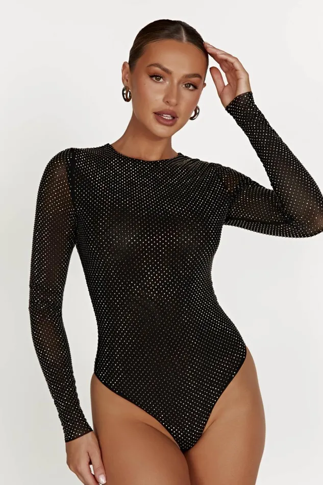 Meshki Bodysuits Women Selma Long Sleeve Diamante Bodysuit 8211 Black Black