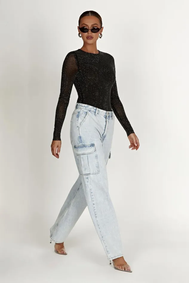 Meshki Bodysuits Women Selma Long Sleeve Diamante Bodysuit 8211 Black Black