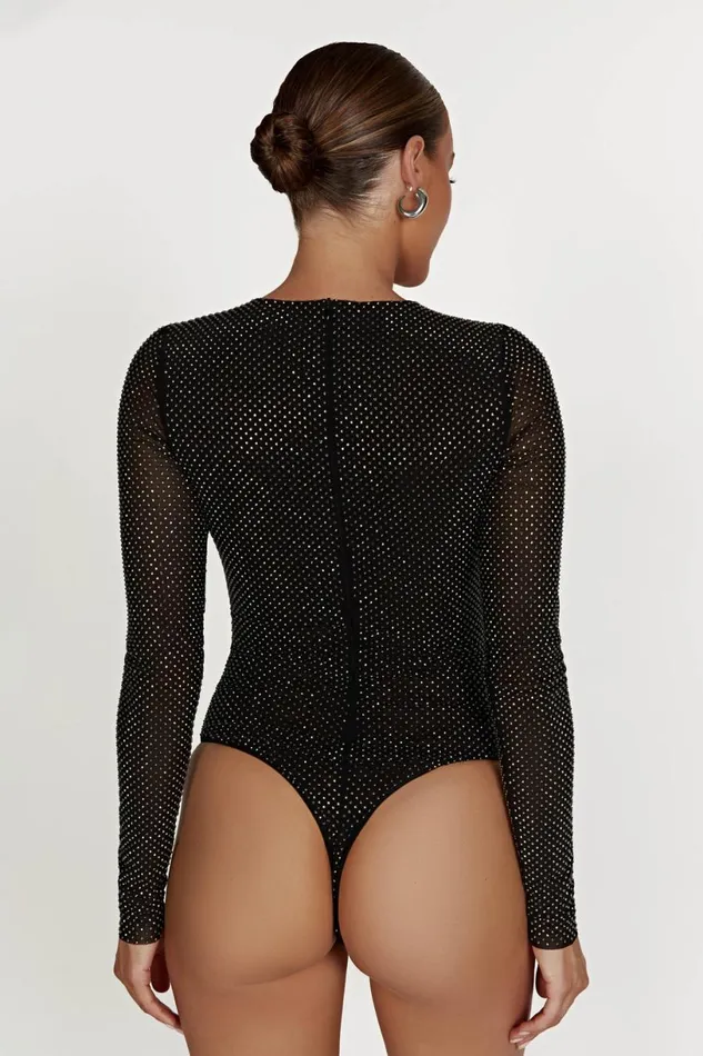 Meshki Bodysuits Women Selma Long Sleeve Diamante Bodysuit 8211 Black Black