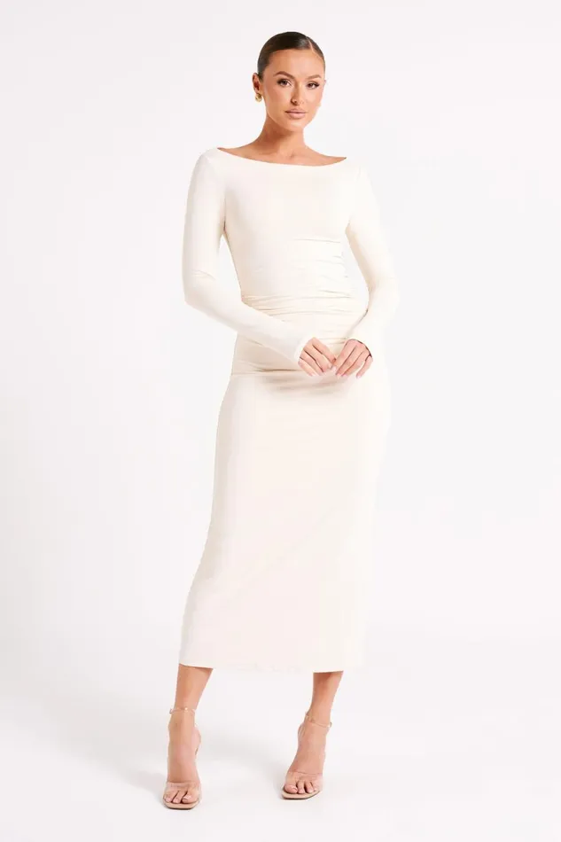 Meshki Bridal Shower Women Anya Recycled Nylon Long Sleeve Midi Dress 8211 Sand Sand