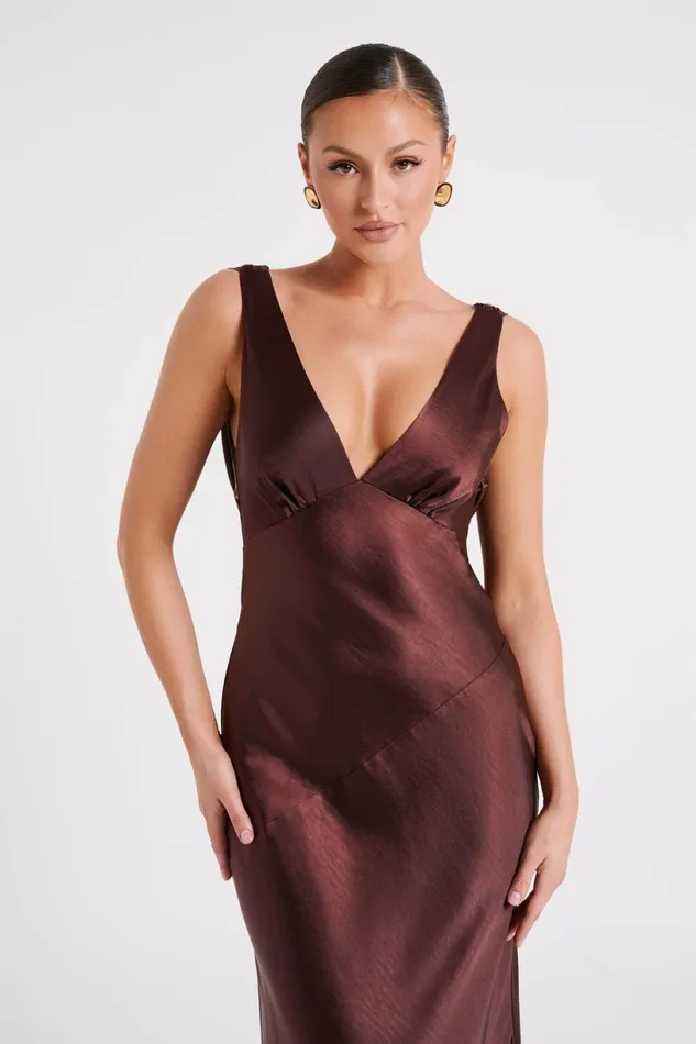 Meshki Bridal Shower Women Nadia Maxi Satin Dress With Back Cowl 8211 Dark Chocolate Darkchocolate