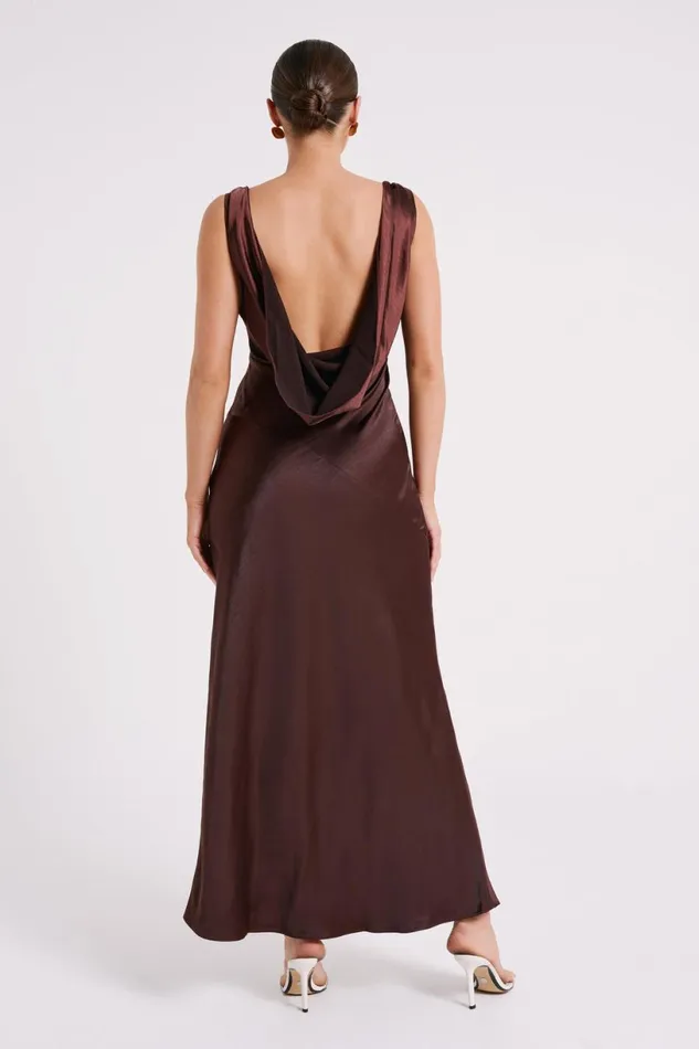 Meshki Bridal Shower Women Nadia Maxi Satin Dress With Back Cowl 8211 Dark Chocolate Darkchocolate