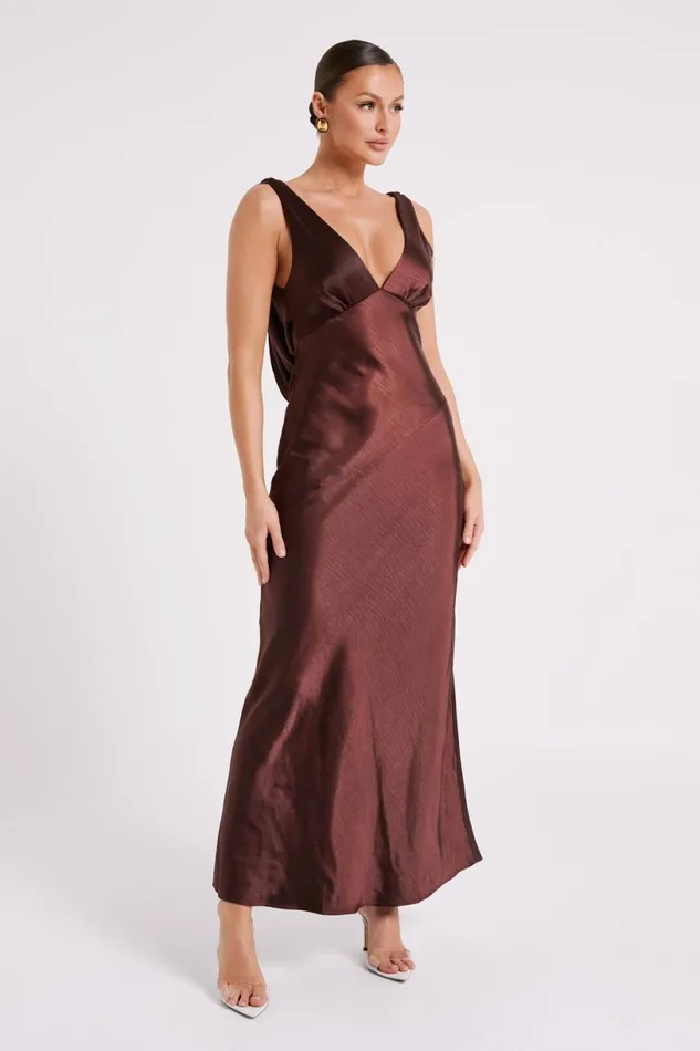 Meshki Bridal Shower Women Nadia Maxi Satin Dress With Back Cowl 8211 Dark Chocolate Darkchocolate