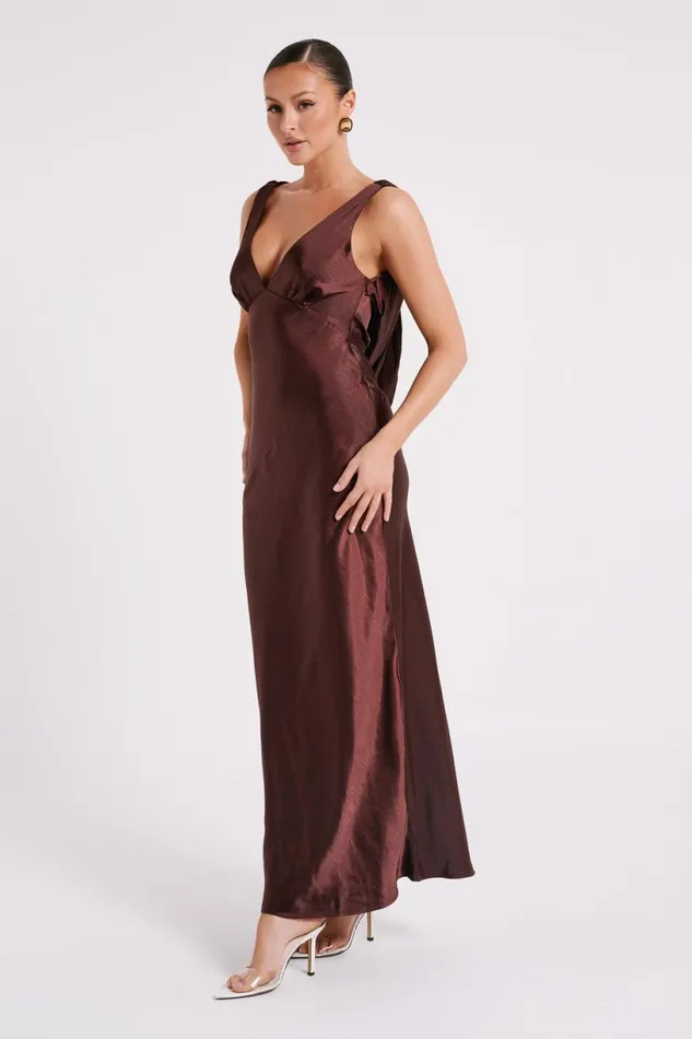 Meshki Bridal Shower Women Nadia Maxi Satin Dress With Back Cowl 8211 Dark Chocolate Darkchocolate