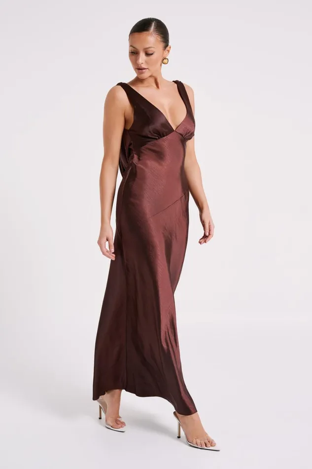 Meshki Bridal Shower Women Nadia Maxi Satin Dress With Back Cowl 8211 Dark Chocolate Darkchocolate