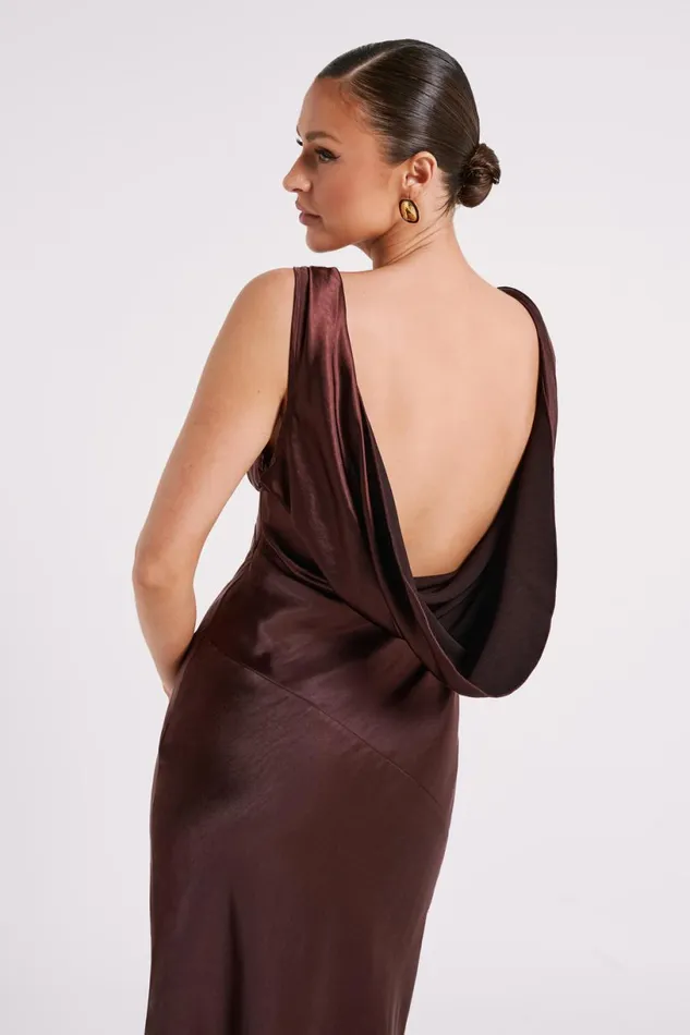 Meshki Bridal Shower Women Nadia Maxi Satin Dress With Back Cowl 8211 Dark Chocolate Darkchocolate