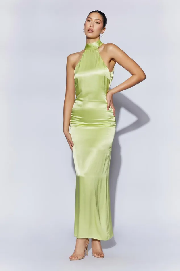 Meshki Bridesmaids Women Claire Satin Drape Back Maxi Dress 8211 Pistachio Green Pistachio Green