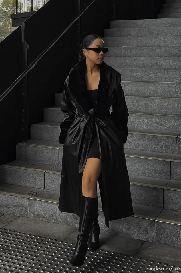 Meshki Coats and Jackets Women Rebekah Oversized Pu Trench Coat With Fur Trim 8211 Black Black Meshki Coats and Jackets Women Rebekah Oversized Pu Trench Coat With Fur Trim 8211 Black Black