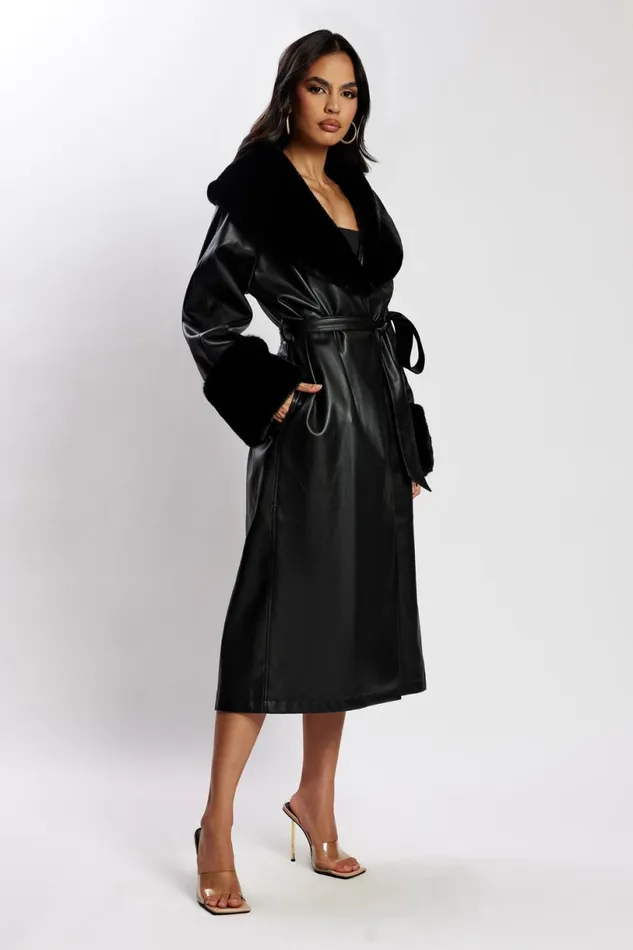 Meshki Coats and Jackets Women Rebekah Oversized Pu Trench Coat With Fur Trim 8211 Black Black