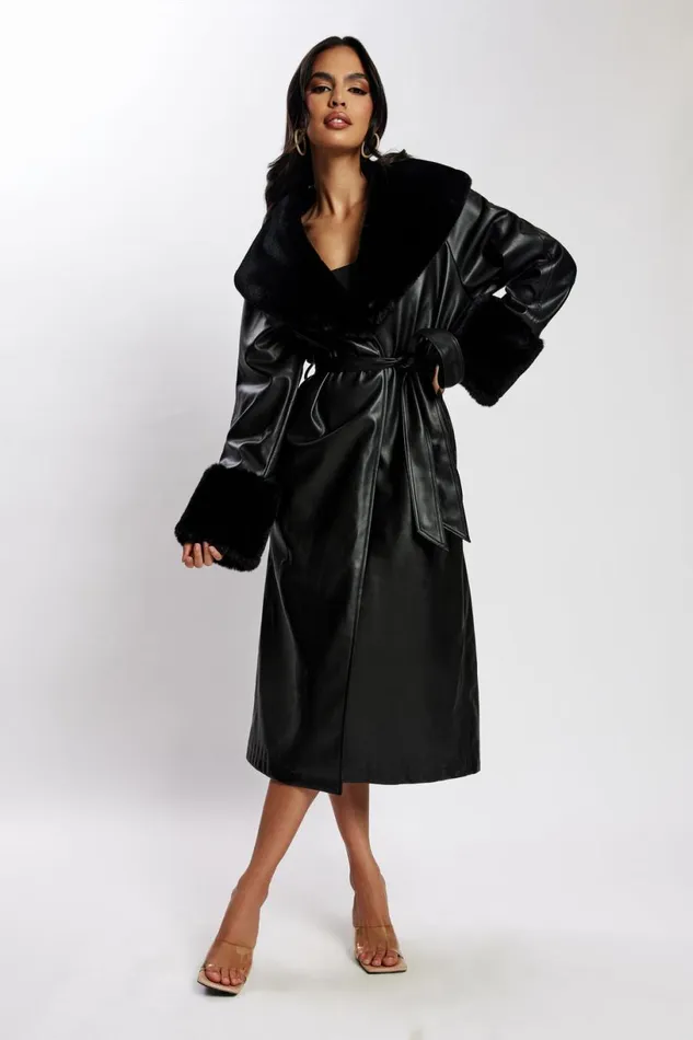 Meshki Coats and Jackets Women Rebekah Oversized Pu Trench Coat With Fur Trim 8211 Black Black
