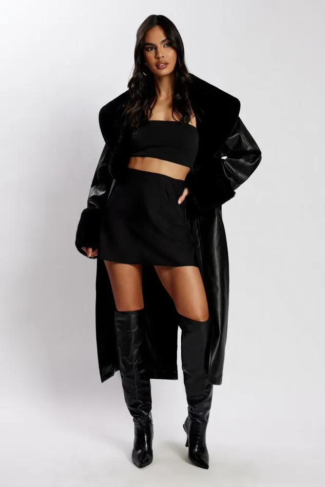 Meshki Coats and Jackets Women Rebekah Oversized Pu Trench Coat With Fur Trim 8211 Black Black