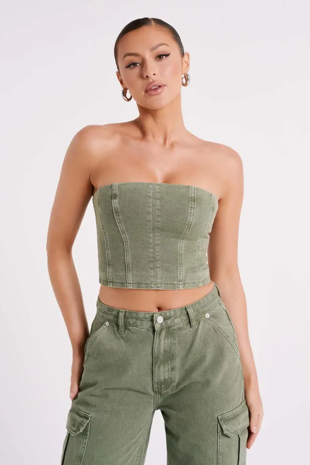 Meshki Corsets Women Jordana Denim Tube Top 8211 Khaki Khaki