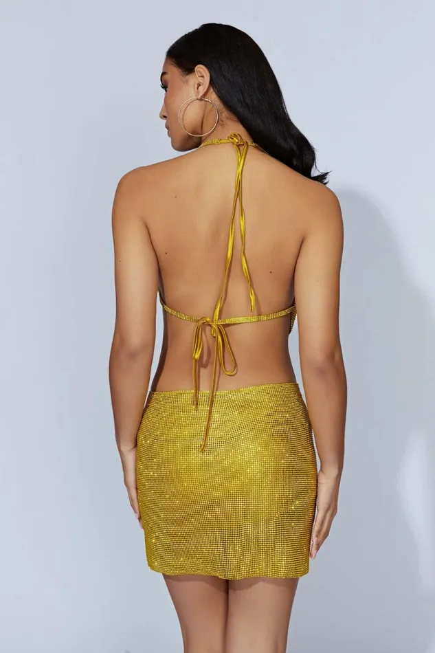 Meshki Crop Tops Women Daphne Diamante Cowl Neck Halter Top 8211 Chartreuse Chartreuse