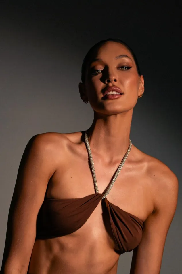 Meshki Crop Tops Women Lea Diamante Chain Halter Neck Crop Top 8211 Chocolate Chocolate Meshki Crop Tops Women Lea Diamante Chain Halter Neck Crop Top 8211 Chocolate Chocolate