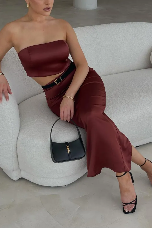 Meshki Crop Tops Women Monique Satin Tube Top 8211 Cherry Chocolate Cherrychocolate Meshki Crop Tops Women Monique Satin Tube Top 8211 Cherry Chocolate Cherrychocolate