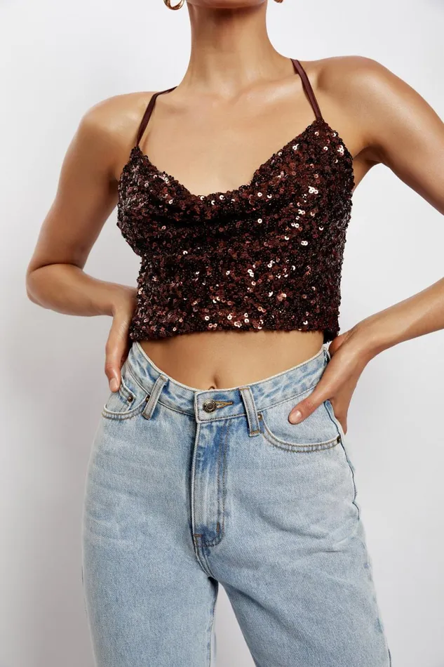 Meshki Crop Tops Women Nikita Sequin Cowl Neck Top 8211 Chocolate Chocolate Meshki Crop Tops Women Nikita Sequin Cowl Neck Top 8211 Chocolate Chocolate