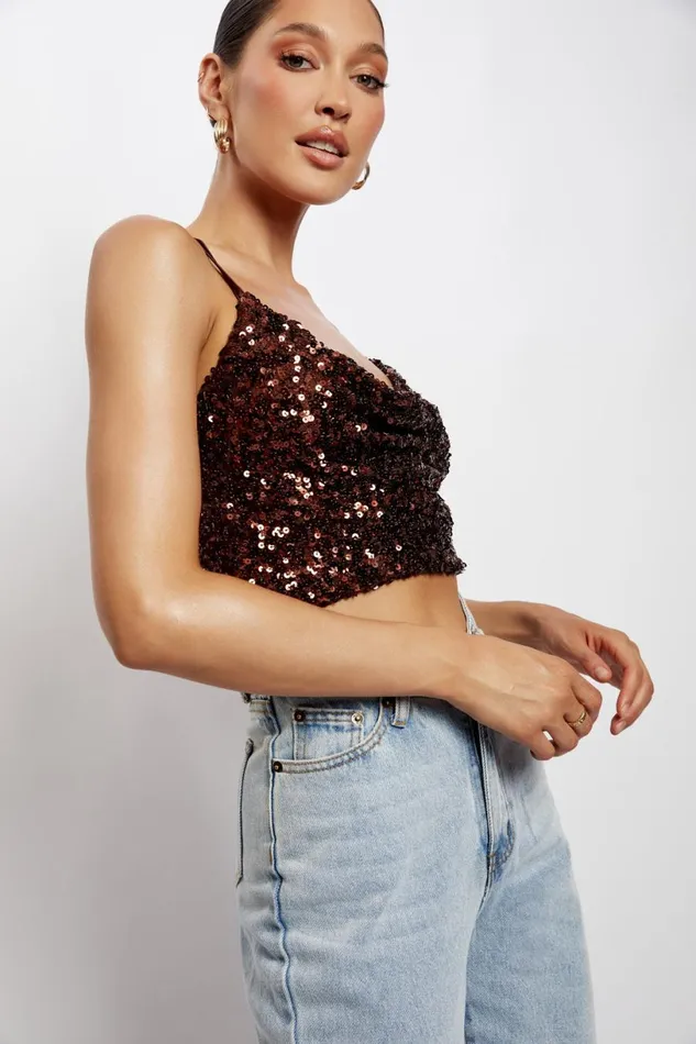 Meshki Crop Tops Women Nikita Sequin Cowl Neck Top 8211 Chocolate Chocolate Meshki Crop Tops Women Nikita Sequin Cowl Neck Top 8211 Chocolate Chocolate