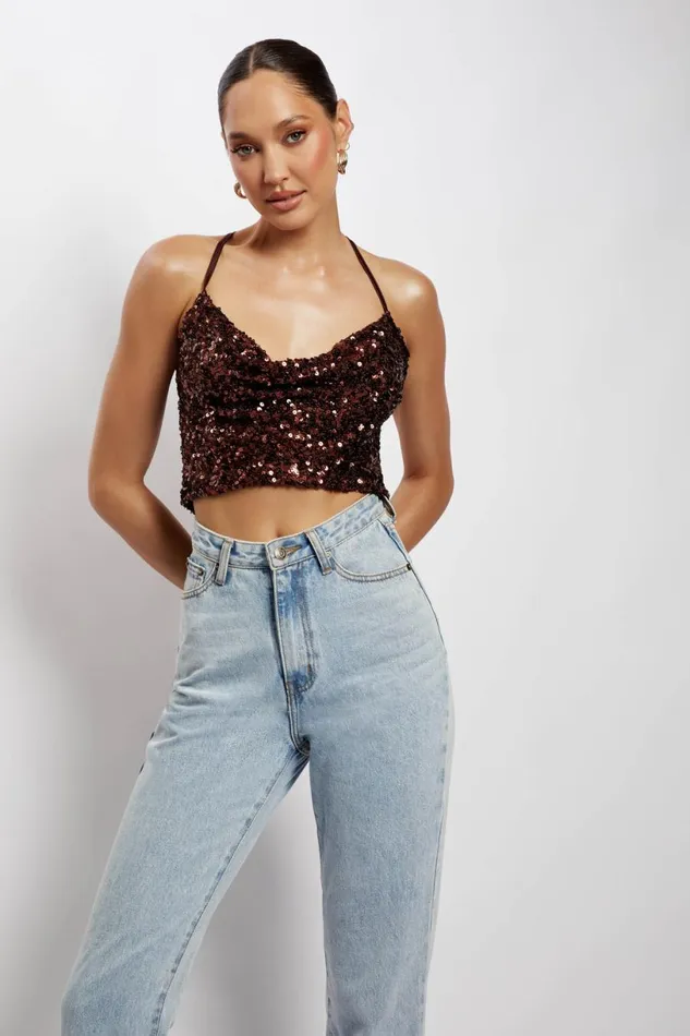Meshki Crop Tops Women Nikita Sequin Cowl Neck Top 8211 Chocolate Chocolate Meshki Crop Tops Women Nikita Sequin Cowl Neck Top 8211 Chocolate Chocolate