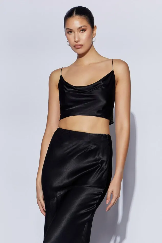 Meshki Crop Tops Women Poppy Satin Cowl Neck Top 8211 Black Black Meshki Crop Tops Women Poppy Satin Cowl Neck Top 8211 Black Black