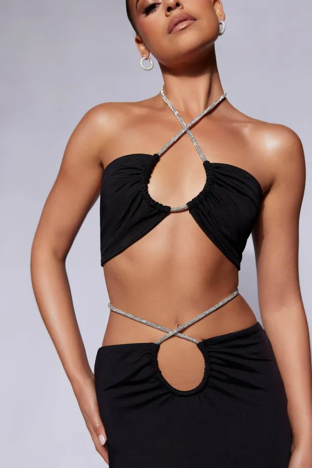 Meshki Crop Tops Women Ruby Diamante Rope Ruched Bandeau 8211 Black Black Meshki Crop Tops Women Ruby Diamante Rope Ruched Bandeau 8211 Black Black