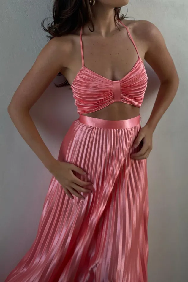 Meshki Crop Tops Women Shirin Pleated Halter Top 8211 Rosewater Rosewater