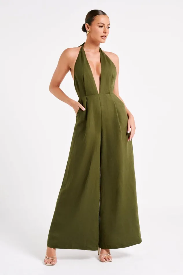 Meshki Jumpsuits and Rompers Women Blanca Linen Halter Jumpsuit 8211 Khaki Khaki