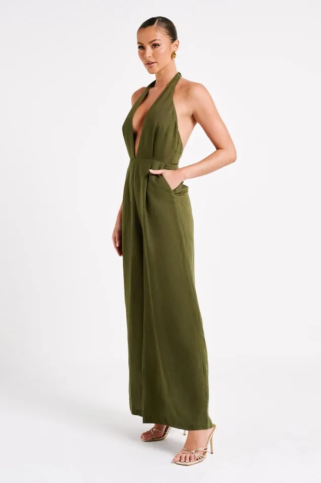 Meshki Jumpsuits and Rompers Women Blanca Linen Halter Jumpsuit 8211 Khaki Khaki Meshki Jumpsuits and Rompers Women Blanca Linen Halter Jumpsuit 8211 Khaki Khaki