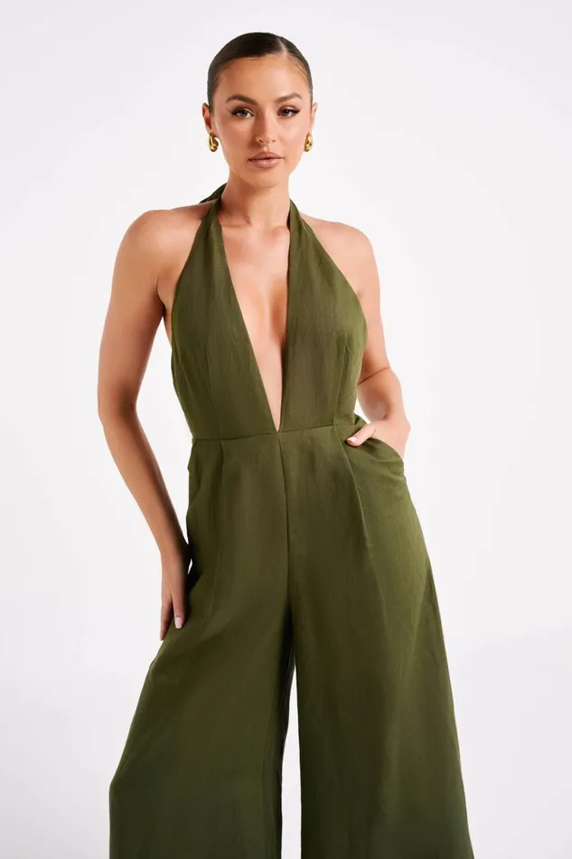Meshki Jumpsuits and Rompers Women Blanca Linen Halter Jumpsuit 8211 Khaki Khaki Meshki Jumpsuits and Rompers Women Blanca Linen Halter Jumpsuit 8211 Khaki Khaki