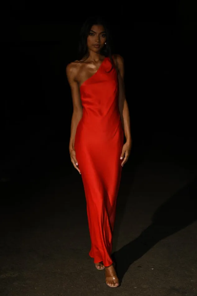 Meshki Maxi Dresses Women Alejandra One Shoulder Satin Maxi Dress 8211 Vermilion Red Vermilionred