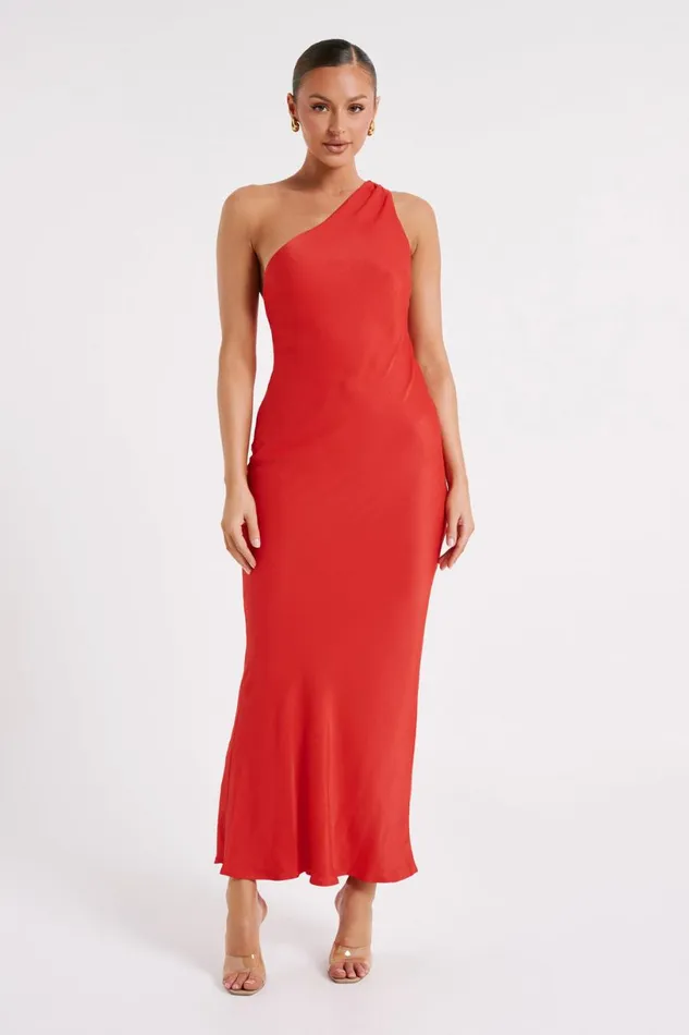 Meshki Maxi Dresses Women Alejandra One Shoulder Satin Maxi Dress 8211 Vermilion Red Vermilionred