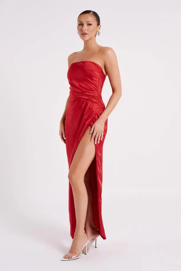 Meshki Maxi Dresses Women Aminah Draped Strapless Maxi Dress 8211 Red Red