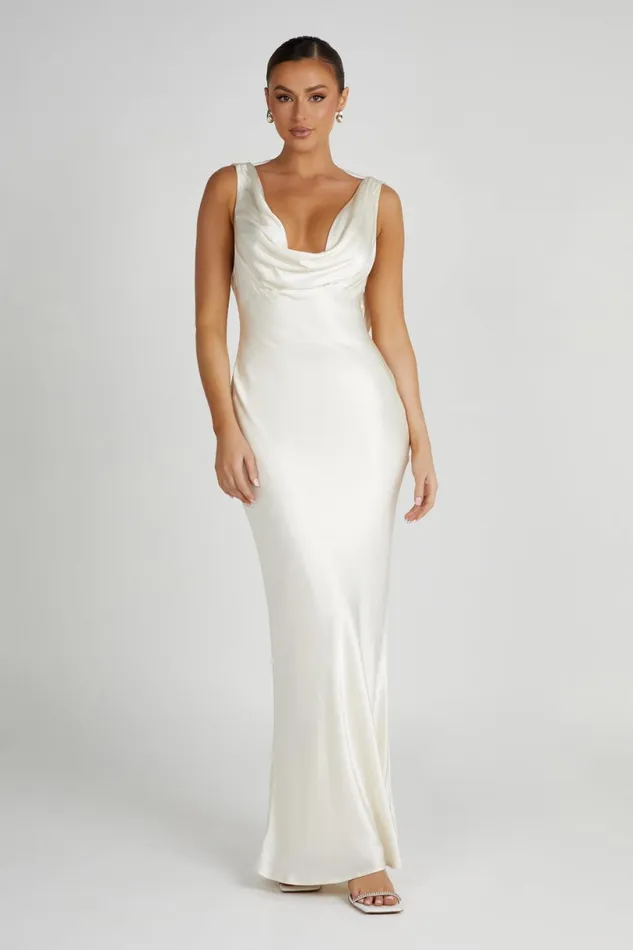 Meshki Maxi Dresses Women Angelique Satin Cowl Back Maxi Dress 8211 Ivory Ivory