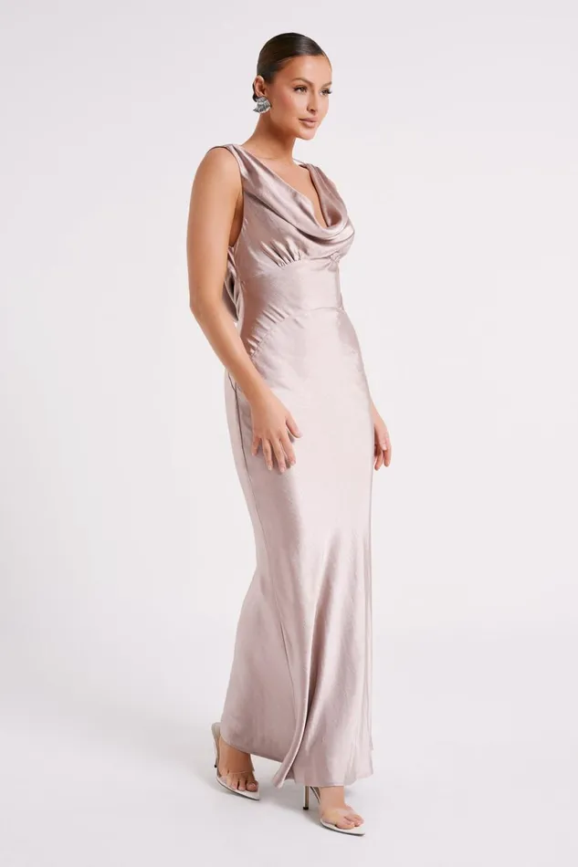 Meshki Maxi Dresses Women Angelique Satin Cowl Back Maxi Dress 8211 Taupe Taupe